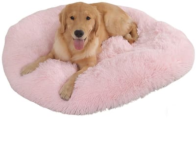 Kalmerend Hondenkussen, Fluffy Plush Ronde Hondendeken Kattendeken voor Bank Bed en Auto, Anti-Slip Onderkant, Wasbaar in de Wasmachine, Comfortabel Zacht en Lichtgewicht, Geschikt voor Kleine en Middelgrote Honden en Katten met Angst lichtroze 120CM