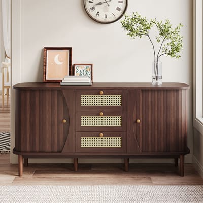 BLACKCOLORS Dressoir, rotan dressoir, dressoir met schuifdeuren, verstelbare planken en afgerond blad.