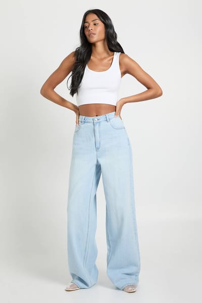 boohoo Dames Lang midden-taille losse pasvorm wijde pijpen spijkerbroek | Gebleekt | Maat: 44