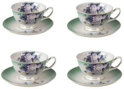 Clayre & Eef - Servisset Groen Wit Porselein Bloemen - 4 x kop en schotel