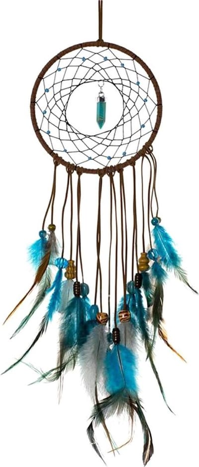 Grote Handgemaakte Dromenvanger - Dromen Vanger - Dream Catcher - Dream Catcher Groot - Indianen Deco Droomvanger met Steen Kraaltjes Veren – Bruin / Blauw