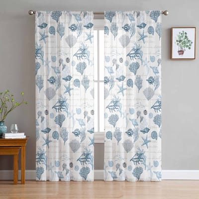 Zeesterren en Schelpen Koraal Retro Transparante Gordijnen voor Woonkamer Decoratie Raamgordijnen Keuken Tule Voile Organza Gordijnen W135 x H115cm x1 white
