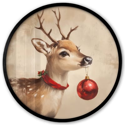 Poster in lijst Rond - Fotolijst 40x40 cm - Posters - Kerst - Hert - Gewei - Kerstbal - Rendier - Ronde posterlijst zwart - Decoratie - Wanddecoratie woonkamer - Muurdecoratie slaapkamer - Kerstversiering - Kerstdecoratie voor binnen - Kerstmis