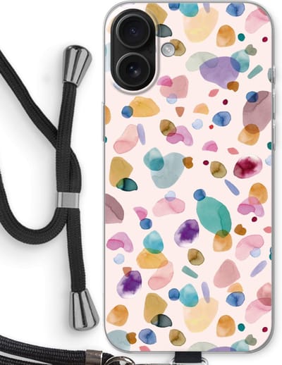 Case Company® - Hoesje met koord geschikt voor iPhone 16 Plus hoesje met Koord - Terrazzo Memphis - Telefoonhoesje met Zwart Koord - Bescherming aan alle Kanten en Over de Schermrand