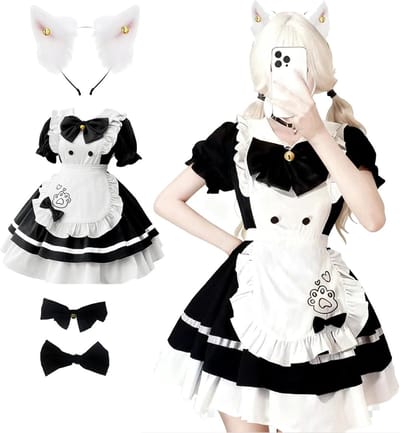 Zwart-wit Maid Kostuum voor Meisjes met Strikjes en Hoofdband - Schattige Kat Maid Jurk voor Halloween en Carnaval Rollenspel