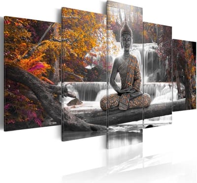 Schilderij - Herfst Boeddha , waterval , bos , 5 luik