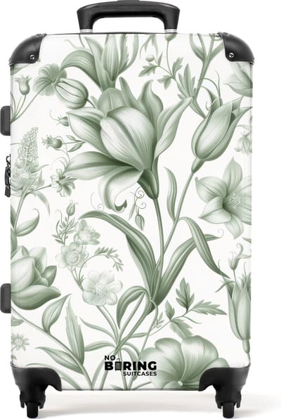 NoBoringSuitcases.com® - Koffer groot - Rolkoffer lichtgewicht - Wit met groene bloemen - Reiskoffer met 4 wielen - Grote trolley XL - 20 kg bagage