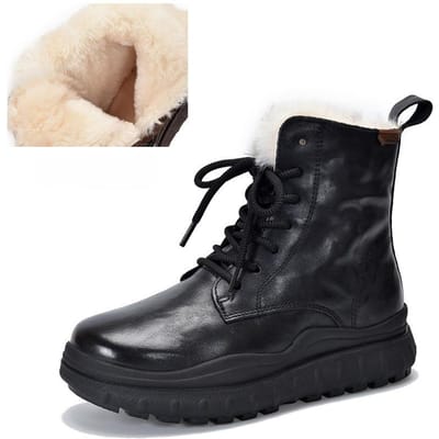Nouvelles Bottes en Laine à Semelle Épaisse Bottes Chaudes Épaissies en Coton Cuir Véritable Rétro Bottes Courtes pour Femmes 35 noir