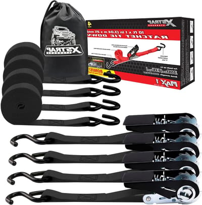 Ratchet Lashing Straps - Cargo Belts - Moving Equipment - Rubber Coated Hooks - 10ft Length 4 Pack - Black