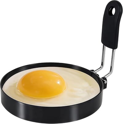 Oneay 1-Pack - Omeletring, 9 cm rond, gemaakt van roestvrij staal, geschikt voor het bakken van eieren, Engelse muffins, crêpes, enz., met siliconen handvat.