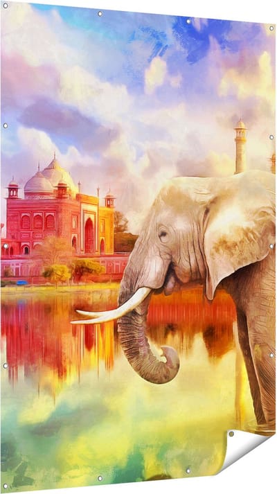 Gards Tuinposter Getekende Olifant bij Taj Mahal - Abstract - 120x180 cm - Tuindoek - Tuindecoratie - Wanddecoratie buiten - Tuinschilderij