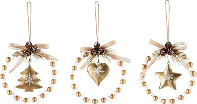 Dekoratief | Hanger ring m/boompje/hartje/ster, goud, metaal, 11x3x11cm, set van 3 stuks | A245388