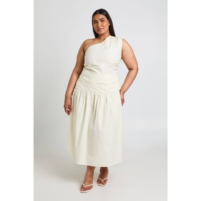 boohoo Dames Plus Katoenen Poplin Éen-schouder Gerimpelde Midaxi Jurk | Citroen | Maat: 44