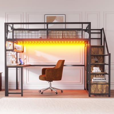 VVBV Hoogslaper 140x200 cm met Opbergtrap, Planken - Kledingkast, Bureau, LED-Verlichting, Opbergruimte - Metaal Zwart
