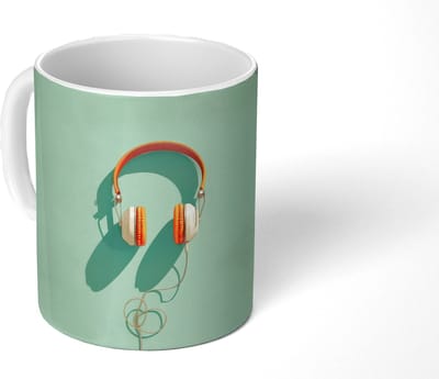 Mok - Koffiemok - Koptelefoon - Oranje - Snoer - Minimalistisch - Mokken - 350 ML - Beker - Koffiemokken - Theemok