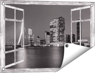 Gards Tuinposter Doorkijk Rotterdamse Skyline - Zwart Wit - 60x40 cm - Tuindoek - Tuindecoratie - Wanddecoratie buiten - Tuinschilderij