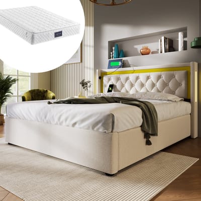 Wishdor – Gestoffeerd Tweepersoonsbed 140x200 cm – Inclusief Matras (620 Veren, H3) – Met LED, USB-C & Hydraulische Lift – Luxe & Compleet – Katoen – Lichtbeige