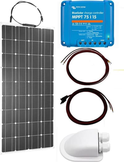 Set Flexibel Zonnepaneel 100Wp Caravan, Camper, Boot, Tent of Tuinhuisje - MPPT Victron Energy laadregelaar 75/15 - Zonnepaneel Compleet Pakket - Kabel met connectoren - Dakdoorvoer - Plug-Play set schematische tekening en handleiding-Monokristallijn