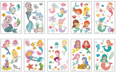 Dailygoods- Zeemeermin Tatoeages - 10 Vellen - Tijdelijke Tatoeages - Kinderverjaardag - Gastgeschenken - Kleine Cadeaus - Afmetingen 12 cm x 7,6 cm
