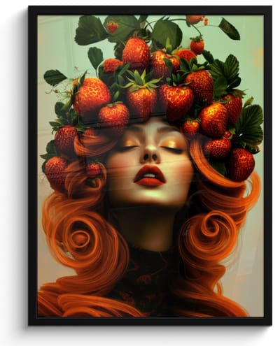 Poster in lijst - Fotolijst 50x70 cm - Posters - Vrouw - Aardbeien - Kroon - Posterlijst zwart - Decoratie - Wanddecoratie woonkamer - Muurdecoratie slaapkamer