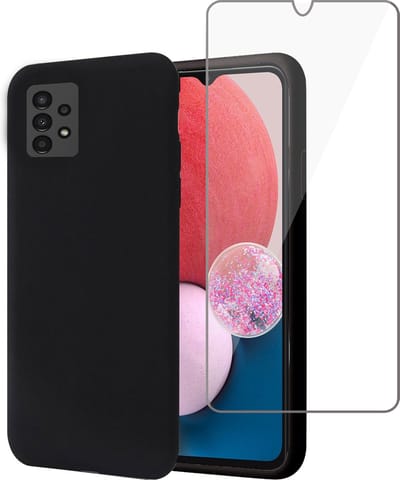 Hoesje geschikt voor Samsung A13 4G + Screenprotector – Tempered Glass - Liquid Back Case Cover Zwart