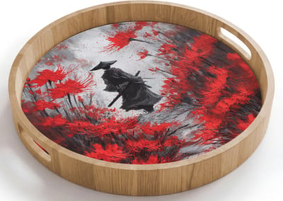 Dienblad rond 40x40 cm - Schootdienblad hout - Rode bloemen - mistig - Man - Borrelplank rechthoek - Plateau houten dienbladen