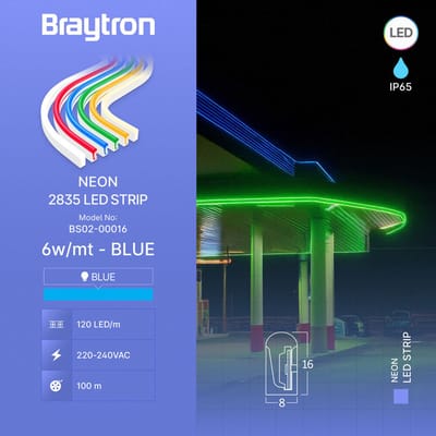 Braytron - LED Strip - 100m - 230V AC - 6W 350lm p/m - Blauw - Neon - IP65