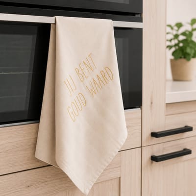 Theedoek met tekst bedrukt cadeau jij bent goud waard opa oma mama papa juf meester bedanken collega vriendin juffendag vaderdag moederdag verjaardag man vrouw sinterklaas kerstmis vaderdag verjaardag opa man feestdagen