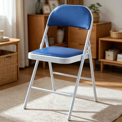 Klapstoel met zacht PU zitkussen blauw stalen frame afmeting 47x45x79 cm draagvermogen 150 kg ergonomisch zitvlak voorkomt vermoeidheid bij langdurig zitten thuis kantoor en evenementen