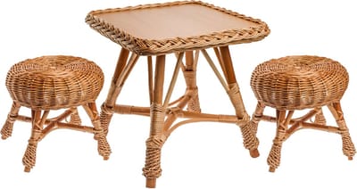 BOGATECO Kindermeubelset van Riet - Tafel en 2 Krukjes - Robuuste Constructie met MDF - Zitset voor Huis & Tuin - Naturel