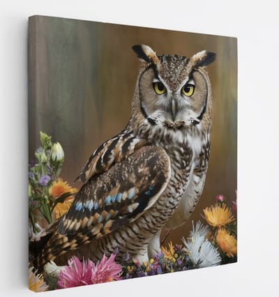 Saammp Canvas Schilderij - Uil tussen kleurrijke bloemen - Dieren - 20x20 - Foto op canvas - Wanddecoratie - muurdecoratie Woonkamer - Slaapkamer decoratie - Canvas Print