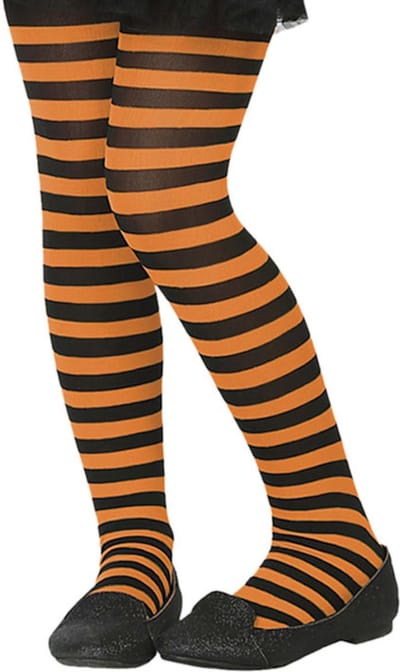Carnaval verkleed panty voor kinderen van 6 tot 12 jaar - gestreept - zwart/oranje - heksen - 40 denier