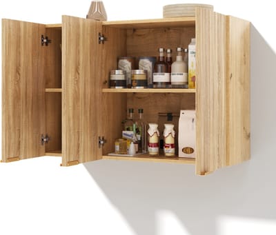 Hangkast Keuken - Wandkast 3 Deuren - Ruimtebesparend Design Met Gouden Handgrepen - Voor Badkamer En Wasruimte - Hangkast 90x29x60 cm Naturel