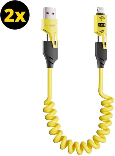 2x Solstedt® 4-in-1 USB-kabel 65W – USB C kabel - Uittrekbare Krulkabel – USB-A & USB-C naar USB-C of Lightning – iPhone, Android & Laptop – Geel