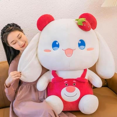 Poupée Lapin Fraise Oreilles Longues Poupée Blanche Position Assise Jouet en Peluche Cadeau d'Anniversaire pour Enfant Fille 45cm