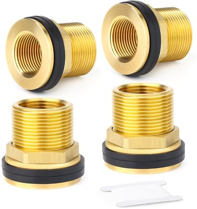 4 stuks messing schotwatertankconnector, 1/2"BSP mannelijk - 3/8"BSP vrouwelijk schroefdraadfitting met 2 rubberen ringen voor regentonnen, aquaria, badkuipen