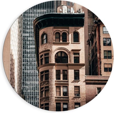Dibond Wandcirkel - Gebouwen in de Stad - 90x90cm Foto op Aluminium Wandcirkel (met ophangsysteem)