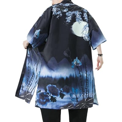 Unisex Shirt Retro Japanse Stijl Driekwart Mouwen Oversized Vest Vogel Print Badjas Gespleten Zoom Sport Reizen Praktisch Gebruik M