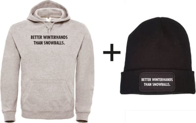 Better winterhands than snowballs set wintersport hoodie grijs M + muts - zwart - soBAD. | Foute apres ski outfit | kleding | verkleedkleren | wintersport beanie | wintersporttruien | wintersport dames en heren