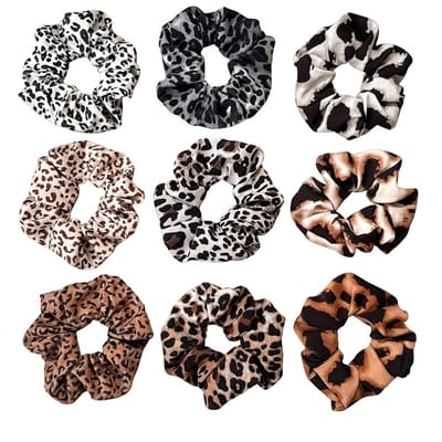 Zwart wit beige scrunchies dames haarbanden set luipaardprint koeienprint elastiek haar accessoires paardenstaart opsteek kapsel 9 delige set herfst winter