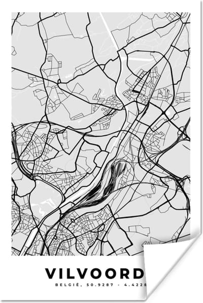 Poster Plattegrond – Vilvoorde – Zwart Wit – Stadskaart - Kaart - 120x180 cm XXL