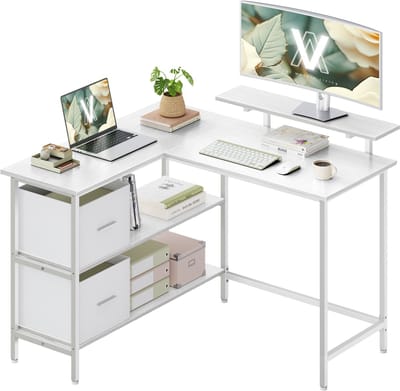 VASAGLE - Bureau - L-vormig Bureau - Hoekbureau met Monitorstandaard - 2 Ruime Lades - Verstelbaar Rek
