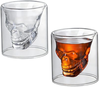 set van 2 dubbelwandige Totenkopf-glazen, dubbelwandige koffieglazen, dubbelwandige Latte Macchiato-glazen ideaal voor whisky, wodka, absint, koffie, bier, thee (250ML)