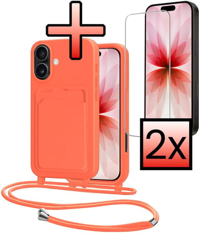 Hoes Geschikt voor iPhone 17 Hoesje Pasjeshouder Cover Met Koord Case Siliconen Hoes Met Telefoonkoord en Kaarthouder Met 2x Screenprotector - Papaya