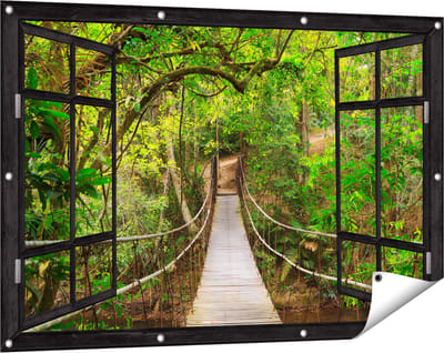 Gards Tuinposter Doorkijk Hangbrug - 120x80 cm - Tuindoek - Tuindecoratie - Wanddecoratie buiten - Tuinschilderij