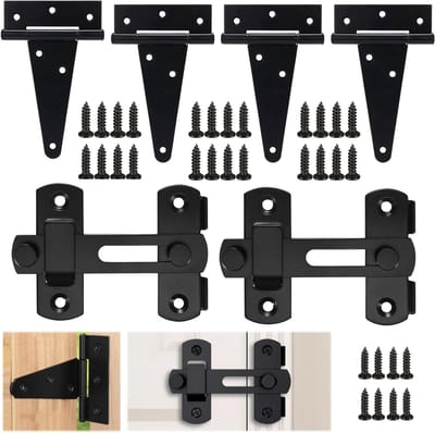 Set van 6 T-scharnieren voor tuin- en buitendeuren, zwart, 180° opvouwbaar, inclusief 32 schroeven, robuust en duurzaam voor ramen en deuren