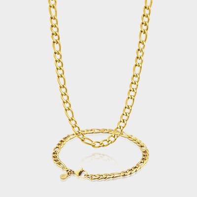 Figaro Ketting 7 mm x Figaro Armband 5 mm - Gouden Schakelketting en Schakelarmband Heren - 50/21 cm lang - Olympus Jewelry