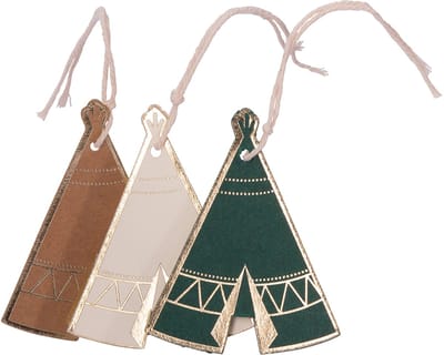 ARTYFETES - 8 kartonnen tipi Indian Forest kraft etiketten groen ivoor goud met touw