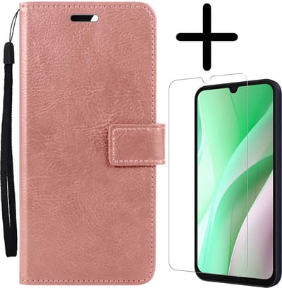Hoesje Met Screenprotector - Geschikt voor Samsung Galaxy A15 - Luxe Pasjeshouder - Bookcase Portemonee - Flip Case - Kunstleer Book Case - Flipcase - Book Cover - Walletcase - Portemonneehoes - Rosé goud