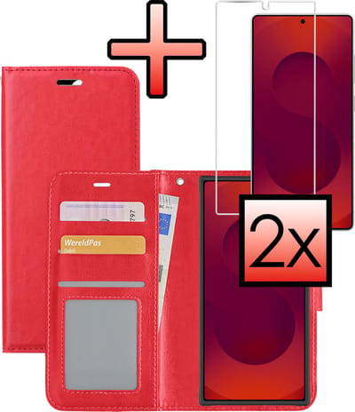 Hoesje - Met 2x Screenprotector - Geschikt voor Samsung Galaxy S25 Ultra - Luxe Pasjeshouder - Bookcase Portemonee - Flip Case - Kunstleer Book Case - Flipcase Hoes - Book Cover - Walletcase - Portemonneehoes - Rood